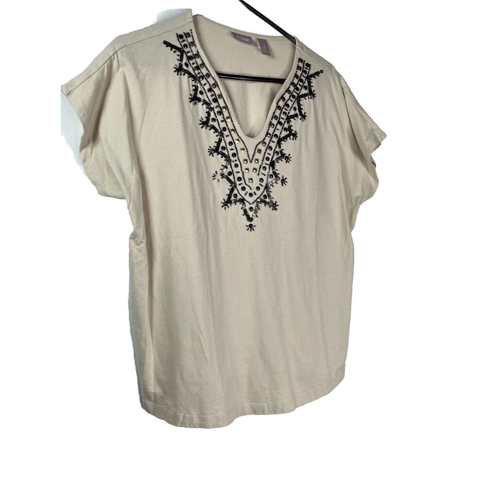 Chicos womens sz 2 / L beaded accent short sleeve top blouse (15